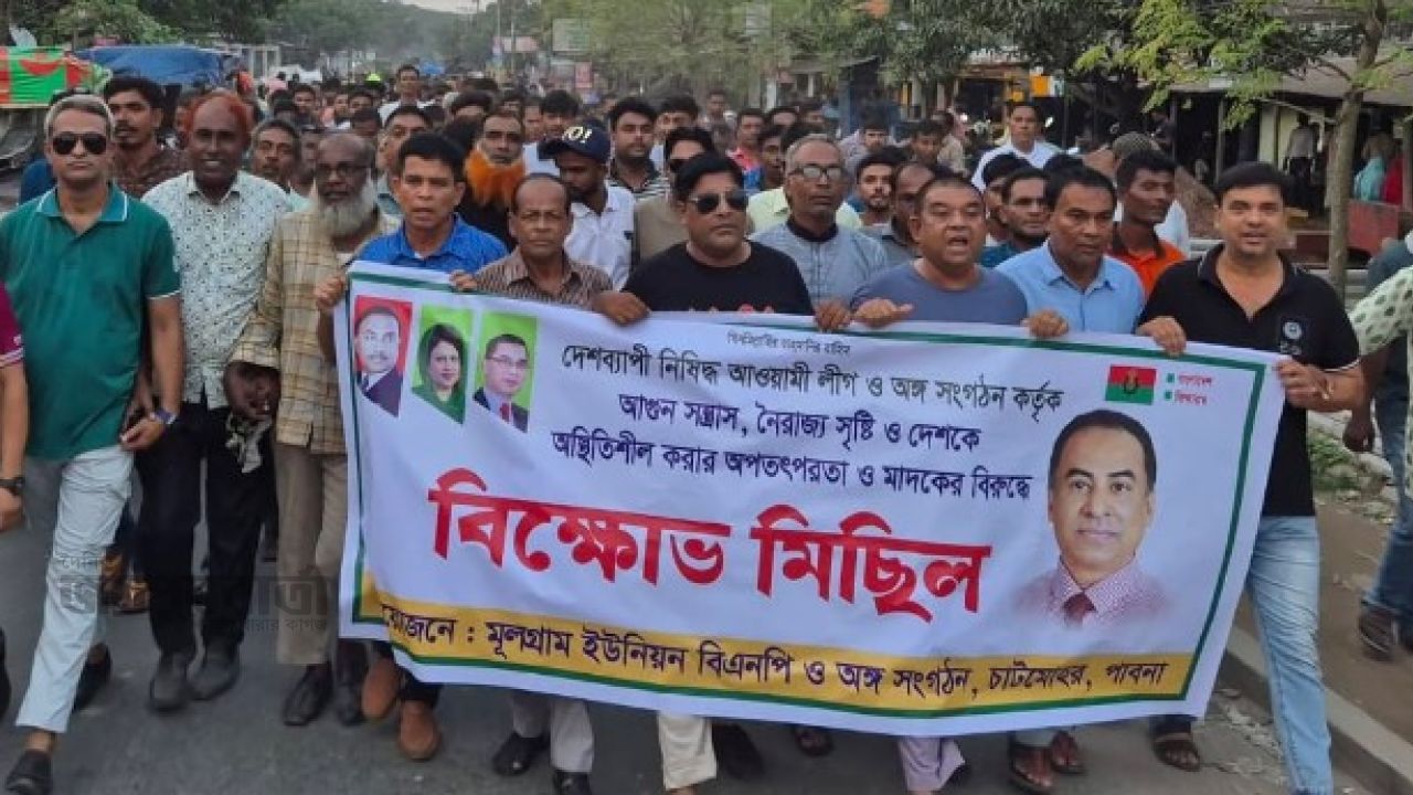 চাটমোহরে নিষিদ্ধ সংগঠনের অপতৎপরতার বিরুদ্ধে বিএনপির বিক্ষোভ মিছিল