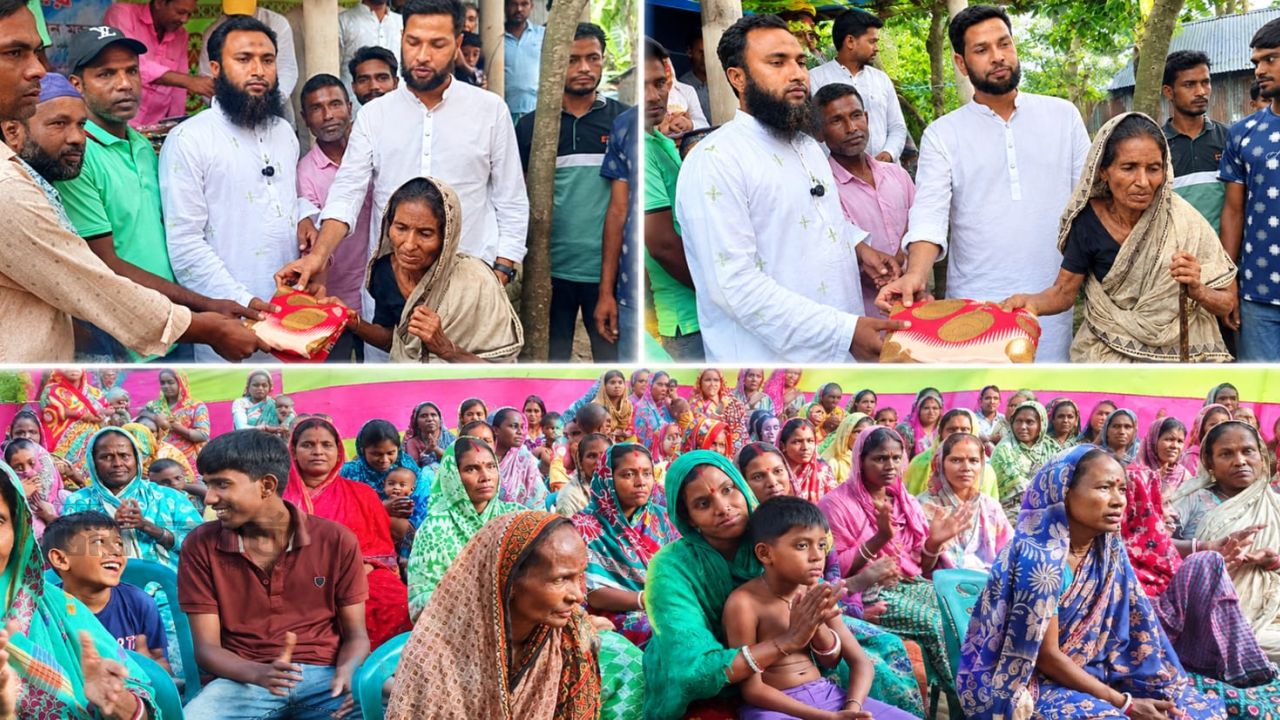 সাঘাটায় সনাতন ধর্মাবলম্বী নারীদের মাঝে শাড়ি বিতরণ